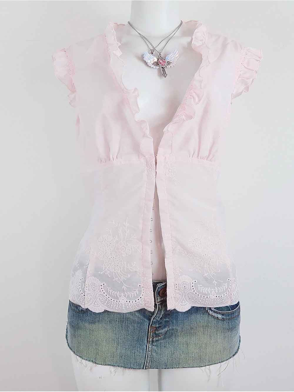 Light Pink Ruffle V-Neck Embroidered Sleeveless Blouse
